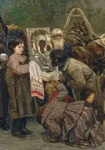 An old man and a boy with an icon and praying peasants