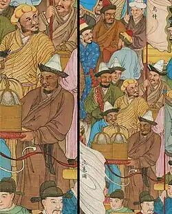 Uqturpan delegates (bottom group, flag "烏什") in Peking in 1761. Ten Thousand Nations Coming to Pay Tribute (萬國來朝圖)