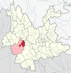 Location of Yun County (red) and Lincang City (pink) within Yunnan