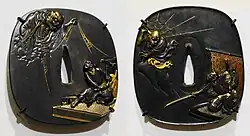 Two tsuba depicting Minamoto no Yorimitsu trying to cut a tsuchigumo with a tachi named 'Hizamaru'. Made by Unnno Yoshimori I (left), Gochiku Sadakatsu (right). Museum of Fine Arts, Boston.