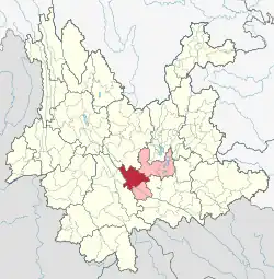 Location of Xinping County (red) and Yuxi City (pink) within Yunnan