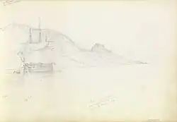 A study of HMS&nbsp;Ganges off Fort Trinidad, Rosas Bay, south-eastern Spain, 9 October 1851; his brother William had been a flag lieutenant on Ganges in the 1840s