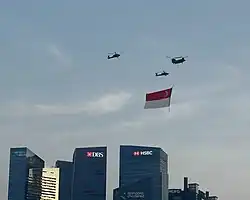 Military aircraft hanging the national flag below and carry it in flight.