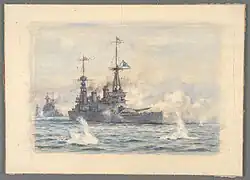 HMNSZ New Zealand with the Cruiser Squadron under Admiral of the Fleet, Lord Beatty, at early action of Battle of Jutland, 1916, watercolour.