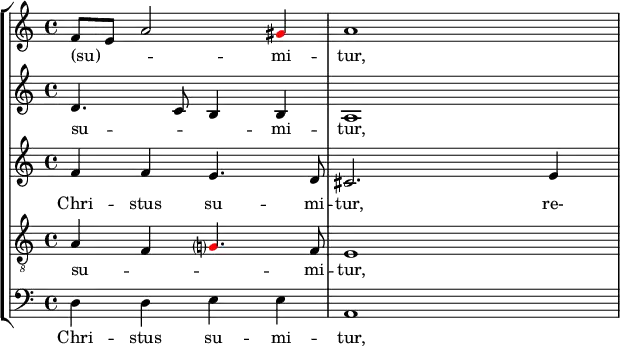 {
#(set-global-staff-size 18)
\override Score.SpacingSpanner.strict-note-spacing = ##t
\set Score.proportionalNotationDuration = #(ly:make-moment 1/16)
<< \new StaffGroup <<
\new Staff <<
\set Score.tempoHideNote = ##t \tempo 4 = 72
\set Staff.midiInstrument = #"voice oohs"
\clef treble \time 4/4
\relative c' {
\clef treble \time 4/4
f8 e a2 \once \override NoteHead.color = #red gis4 a1
}
\addlyrics { (su) -- _ _ mi -- tur, }
>>
\new Staff <<
\set Staff.midiInstrument = #"voice oohs"
\clef treble \time 4/4
\new Voice \relative c' {
d4. c8 b4 b a1
}
\addlyrics { su -- _ _ mi -- tur, }
>>
\new Staff <<
\set Staff.midiInstrument = #"voice oohs"
\clef treble \time 4/4
\new Voice \relative c' {
f4 f e4. d8 cis2. e4
}
\addlyrics { Chri -- stus su -- mi -- tur, re- }
>>
\new Staff <<
\set Staff.midiInstrument = #"voice oohs"
\clef "treble_8" \time 4/4
\new Voice \relative c' {
a4 f \once \override NoteHead.color = #red g?4. f8 e1
}
\addlyrics { su -- _ _ mi -- tur, }
>>
\new Staff <<
\clef bass \time 4/4
\new Voice \relative c {
d4 d e e a,1
}
\addlyrics { Chri -- stus su -- mi -- tur, }
>>
>>
>> }