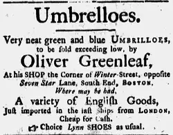 "Very neat green and blue umbrilloes, to be sold exceeding low, by Oliver Greenleaf," 1768 (Boston Evening-Post)