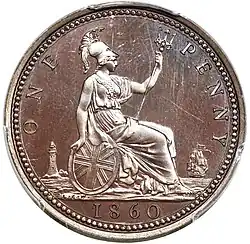 Copper coin of a seated woman Britannia