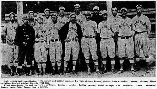 A black and white photo of 15 men standing wearing light baseball uniforms with "Harriman" written on the chest