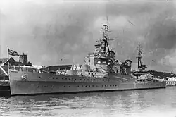 HMS Sheffield at City of Hamilton, Bermuda, for 10 June, 1948, King's Birthday ceremony.[74]