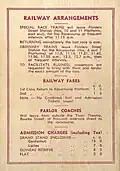 Back cover showing railway arrangements and charges at the entrance gates