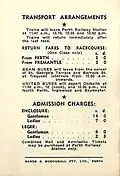 Back cover showing transport arrangements and admission charges
