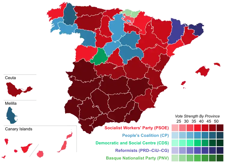 Map of Spain showcasing winning party's strength by constituency