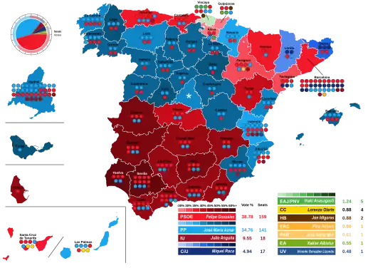 Map of Spain showcasing seat distribution by Congress of Deputies constituency