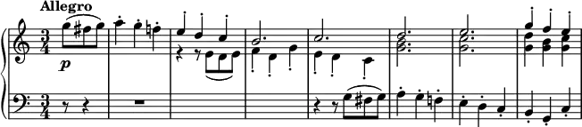 
\new PianoStaff <<
  \new Staff <<
    \new Voice \relative c''' {
      \tempo "Allegro"
      \time 3/4
      \partial 4. g8( fis g) |
      a4-. g-. f!-. |
      \voiceOne e-. d-. c-. |
      b2. |
      c2. |
      d2. |
      e2. |
      g4-. f-. e-. |
    }
    \new Voice \relative c' {
      \voiceTwo
      s4. |
      s2. |
      r4 r8 e( d e) |
      f4-. d-. g-. |
      e4-. d-. c-. |
      <g' b>2. |
      <g c>2. |
      <g d'>4 <g b> <g c> |
    }
  >>
  \new Dynamics { s4.\p }
  \new Staff \relative c' {
    \clef bass
    r8 r4 |
    R1*3/4 |
    s2.*2 |
    r4 r8 g8( fis g) |
    a4-. g-. f!-. |
    e-. d-. c-. |
    b-. g-. c-. |
  }
>>
