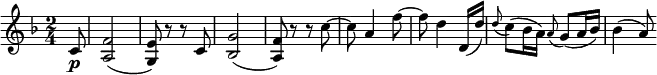  { \relative c' { \key f \major \time 2/4
\partial 8 c8 \p | <f a,>2( | <e g,>8) r r c | <g' bes,>2( | <f a,>8) r r c'~ | c8 a4 f'8~ | f8 d4 d,16( d') |
\appoggiatura d8 c8( bes16 a) \appoggiatura  a8 g8( a16 bes) | bes4( a8) }} 
