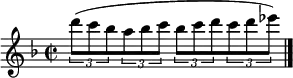 \relative c''' {
\time 2/2 \key f \major
\times 2/3 { d8( c bes } \times 2/3 { a bes c } \times 2/3 { bes c d } \times 2/3 { c d es) } | \bar "|."
}