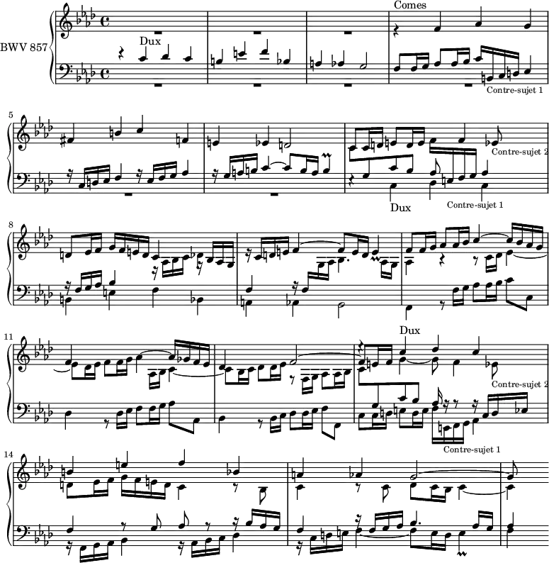 
\version "2.18.2"
\header {
  tagline = ##f
}

Prallbq      = { \tag #'print { b4\prall } \tag #'midi { \times 2/3 { c32 b c } b16~ b8 } }

Dux          = { e4\rest c4-\markup{Dux} des c b e f bes, a aes g2~ }
Comes        = { r4^\markup{ Comes} f4 aes g fis b c f, e ees d2 }

ContreSujetA = { b16_\markup{\tiny "Contre-sujet 1"} c d ees4 r16 c16 d ees f4 r16 ees16 f g aes4 r16 g16 a b c4~ c8 b16 a \Prallbq }

% le même avec *changement de portée*
ContreSujetAa = { \stemUp \change Staff = "lower" b16_\markup{\tiny "Contre-sujet 1"} c d ees4 e16\rest c16 d ees f4 \stemDown \change Staff = "upper" r16 ees16 f g aes4 \stemUp r16 g16 a b c4^~ c8 b16 a \Prallbq }

ContreSujetB = { ees8_\markup{\tiny "Contre-sujet 2"} d ees16 f g f e d c4 g16\rest bes16 aes g \stemUp \change Staff = "lower" f4 r16 f16 \stemDown \change Staff = "upper" g aes bes4. aes16 g aes4 }

% le même avec *changement de portée*
ContreSujetBb = { ees8_\markup{\tiny "Contre-sujet 2"} d ees16 f g f e d c4 \stemUp \change Staff = "lower" c16\rest bes16 aes g f4 d'16\rest f,16 g aes bes4. aes16 g aes4 }

upper = \relative c'' {
  \clef treble
  \key f \minor
  \time 4/4
  \tempo 4 = 56
  \set Staff.midiInstrument = #"harpsichord" 
   %% FUGUE CBT I-12, BWV 857, fa mineur
   << { s1*12 \Dux g8 } \\ { R1*3 \stemUp \Comes c8 c16 d e8 d16 e \stemDown f \transpose b e \relative c' { \ContreSujetAa } f8 f16 g aes8 aes16 bes c4^~ c16 bes aes g | f4 } \\ { s1*6 s2 s8 \relative c' { f4 \ContreSujetB } b,4\rest b8\rest \stemDown c16 des ees4_~ | ees8 des16 ees f8 f16 g aes4~ \stemUp aes16 ges f ees | des4 s4 f2~ f8 e16 f \stemDown g4_~ g8 f4 \ContreSujetBb } >>

}

lower = \relative c' {
  \clef bass
  \key f \minor
  \time 4/4
  \set Staff.midiInstrument = #"harpsichord"

   << { \Dux f8 f16 g aes8 aes16 bes c \relative c { \ContreSujetA } \stemDown \change Staff = "upper" c8 \stemUp \change Staff = "lower" g c bes aes s4 s1*3 s2. | \stemDown \change Staff = "upper" aes16 bes c4_~ c8 bes16 c des8 des16 ees f,8\rest f16 g aes8 aes16 bes c8 \stemUp \change Staff = "lower" g c bes aes16 r16 r8 r16 c,16 d ees f4 r8 g8 aes r8 \stemDown \change Staff = "upper" c8\rest bes8 c4 c8\rest c8 des c16 bes c4_~ c4 } \\ { R1*6 \relative c { \Dux f4 r8 f'16 g aes8 aes16 bes c8 c, des4 r8 des16 ees f8 f16 g aes8 aes, bes4 r8 bes16 c des8 des16 ees f8 f, c' c16 d e8 d16 e f } \transpose b e \relative c { \ContreSujetA } f,4 } >>
    
}

 thePianoStaff = \new PianoStaff <<
    \set PianoStaff.instrumentName = #"BWV 857"
    \new Staff = "upper" \upper
    \new Staff = "lower" \lower
  >>
\score {
  \keepWithTag #'print \thePianoStaff
  \layout {
    \context {
      \Score
      \remove "Metronome_mark_engraver"
      %\override SpacingSpanner.common-shortest-duration = #(ly:make-moment 1/2)
    }
  }
}

\score {
  \keepWithTag #'midi \thePianoStaff
  \midi { }
}
