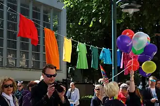 A clothes line as part of the art project Washing Lines in the Colors of the Rainbow
