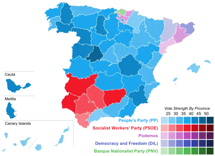 Map of Spain showcasing winning party's strength by constituency