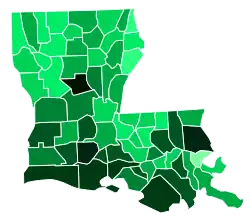 Support for Maness by parish: &nbsp;&nbsp;>9% &nbsp;&nbsp;8–9% &nbsp;&nbsp;7–8% &nbsp;&nbsp;6–7% &nbsp;&nbsp;5–6% &nbsp;&nbsp;4–5% &nbsp;&nbsp;3–4% &nbsp;&nbsp;2–3% &nbsp;&nbsp;1–2% &nbsp;&nbsp;<1%