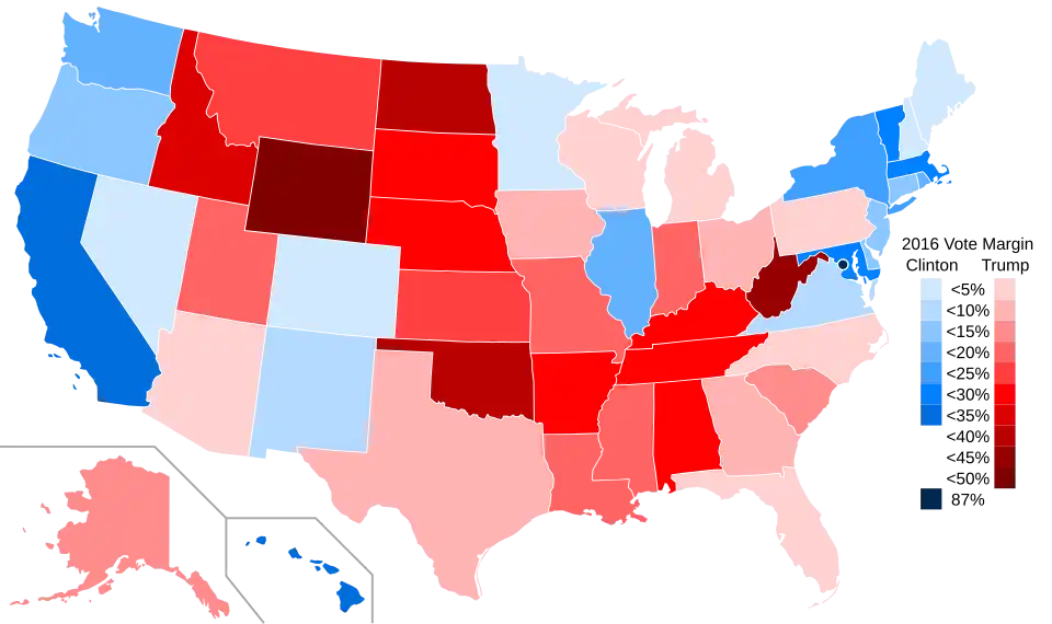 Results by state, shaded according to margin of victory