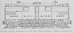 A line-drawing of the side view of a New York S-motor. The drawing is partially sectioned, show the four bipolar motors with their field coils in the horizontal plane, allowing the motor armature mounted directly on the axle to move up and down with the suspension.