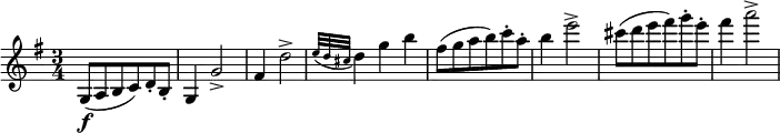  \relative g {
   \key g \major \time 3/4
   g8( \f a b c) d-. b-.
   g4 g'2->
   fis4 d'2->
   \grace { e32( d cis } d4) g b
   fis8( g a b) c-. a-.
   b4 e2->
   cis8( d e fis) g-. e-.
   fis4 a2->
} 