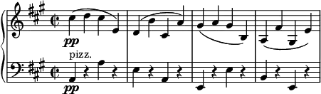 { \new PianoStaff <<
\new Staff \relative cis'' { \set Staff.midiInstrument = #"piano" \key a \major \clef treble \time 2/2 \set Score.tempoHideNote = ##t \tempo 2 = 90
cis4 \pp ( d4 cis4 e,4 ) | % 2
d4 ( b'4 cis,4 a'4 ) | % 3
gis4 ( a4 gis4 b,4 ) | % 4
a4 ( fis'4 gis,4 e'4 )
}
\new Staff \relative a, { \set Staff.midiInstrument = #"piano" \key a \major \clef bass \time 2/2
a4 \pp ^"pizz." r4 a'4 r4 | % 2
e4 r4 a,4 r4 | % 3
e4 r4 e'4 r4 | % 4
b4 r4 e,4 r4 }
>> }