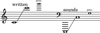 {
\new Staff \with { \remove "Time_signature_engraver" }
\clef treble \key c \major \cadenzaOn
c'1 ^ \markup "written" \glissando c'''1
\tweak font-size #-2 g'''1 \finger \markup \text "poss."
\hide r1
\clef bass
c,,1 ^ \markup "sounds" \glissando c1
\tweak font-size #-2 g1 \finger \markup \text "poss."
}