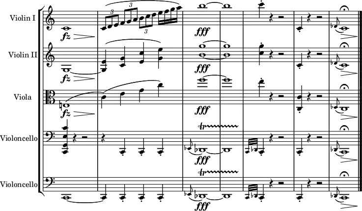 \header { tagline = ##f }
\layout { \context { \Staff \remove "Time_signature_engraver" } }
\new StaffGroup <<
\new Staff \with { instrumentName = "Violin I" } \relative c' {
c1\fz\> |
\tuplet 3/2 { c8\!( d e } \tuplet 3/2 { f g a } \tuplet 3/2 { b c d } e16 f g a) |
b1~\fff |
b1 |
c4-. r r2 |
c,,4-. r r2 |
\appoggiatura des8 c1*3/4\fermata\> s4\! | \bar "|."
}
\new Staff \with { instrumentName = "Violin II" } \relative c' {
g1~\fz\> |
<g e'>4\!( <c g'> <e c'> <g e'>) |
<b g'>1~\fff |
q1 |
<c g'>4-. r r2 |
c,4-. r r2 |
\appoggiatura des8 c1*3/4\fermata\> s4\! |
}
\new Staff \with { instrumentName = "Viola" } \relative c {
\clef alto
e!1(\fz\> |
c'4)(\! e g c) |
f1~\fff |
f1 |
e4-. r r2 |
<c, c,>4-. r r2 |
\appoggiatura des,8 c1*3/4\fermata\> s4\! |
}
\new Staff \with { instrumentName = "Violoncello" } \relative c, {
\clef bass
<c g' e' c'>4 r r2 |
r4 c-. c-. c-. |
\appoggiatura es8 des1~\fff\startTrillSpan
des1*7/8 s8\stopTrillSpan |
\grace { c32 des } c4-. r r2 |
c4-. r r2 |
\appoggiatura des8 c1*3/4\fermata\> s4\! |
}
\new Staff \with { instrumentName = "Violoncello" } \relative c, {
\clef bass
c1~ |
c4 c-. c-. c-. |
\appoggiatura es8 des1~\fff\startTrillSpan
des1*7/8 s8\stopTrillSpan |
\grace { c32 des } c4-. r r2 |
c4-. r r2 |
\appoggiatura des8 c1*3/4\fermata\> s4\! |
}
>>