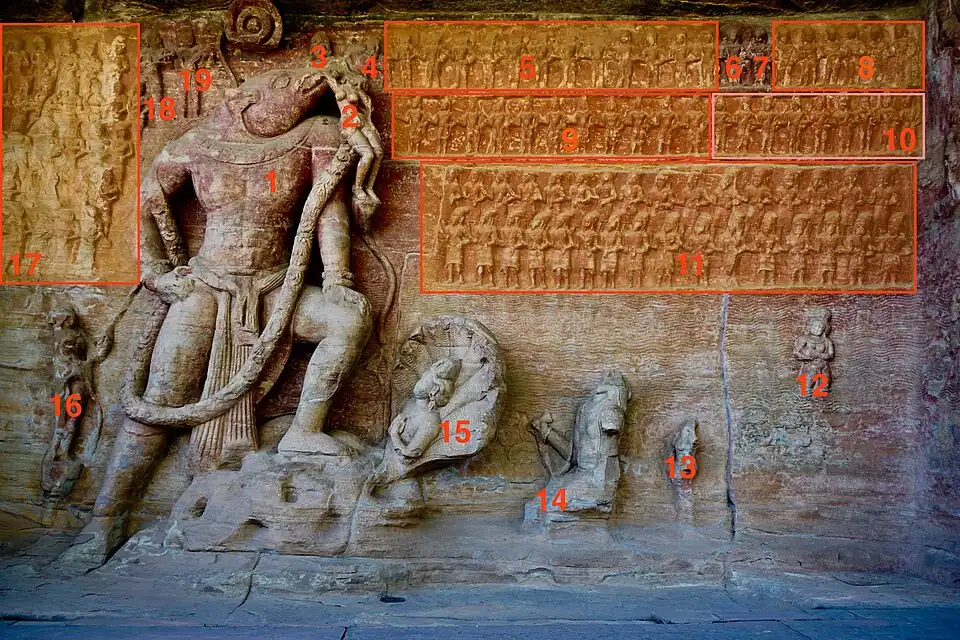 Nāga (marked 15) in the Varaha panel at Udayagiri Caves