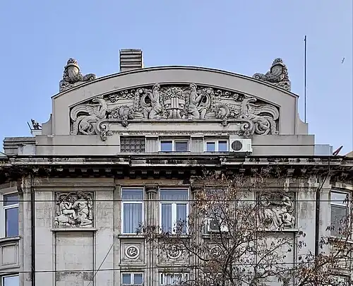 Art Deco pediment of the Mihai Zisman House (Calea Călărașilor no. 44), Bucharest, by architect Soru, 1920