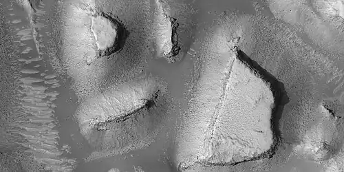 Mesas, as seen by HiRISE under HiWish program. Note: this is an enlargement of a previous image.