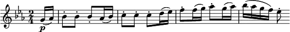  \relative g' {
\key es \major \time 2/4
\partial 8 g16( \p as) | bes8-. bes-. bes-. as16( bes)
c8-. c-. c-. d16( es) | f8-. f16( g) as8-. g16( as)
bes16( as g f) es8-.
} 