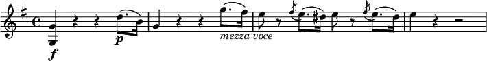  \relative g' {
   \key g \major \time 4/4
   <g g,>4 \f r r d'8.( \p b16)
   g4 r r g'8.( _\markup { \italic "mezza voce" } fis16)
   e8 r \acciaccatura fis8 e8.( dis16) e8 r \acciaccatura fis8 e8.( dis16)
   e4 r r2
} 