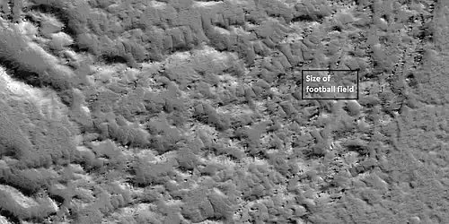 Close view of a lava lobe, as seen by HiRISE under HiWish program. The box shows the size of a football field.