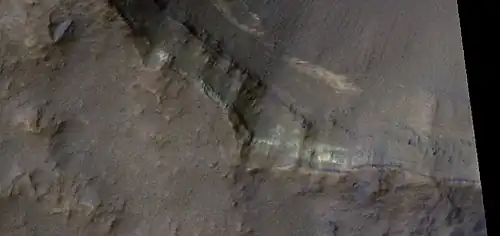 Close, color view of layers, as seen by HiRISE under HiWish program. The different colors represent different minerals.