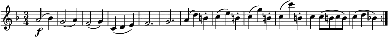  { \relative a' { \key f \major \time 3/4
a2( \f  bes4) | g2( a4) | f2( g4) | c,4( d e) | f2. | g2. | a4-( d-) b-. | c4( e) b-. |
c4( g') b,-. | c4( c') b,-. | c4 c8( b c b) | c4( d bes!) \bar ":|." }} 