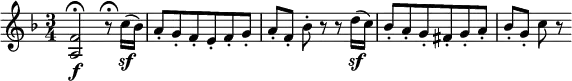 \relative f' {
   \key f \major \time 3/4
   <f a,>2 \f \fermata r8 \fermata c'16( \sf bes)
   a8-. g-. f-. e-. f-. g-.
   a8-.[ f-.] bes-. r r d16( \sf c)
   bes8-. a-. g-. fis-. g-. a-.
   bes8-.[ g-.] c8 r
} 