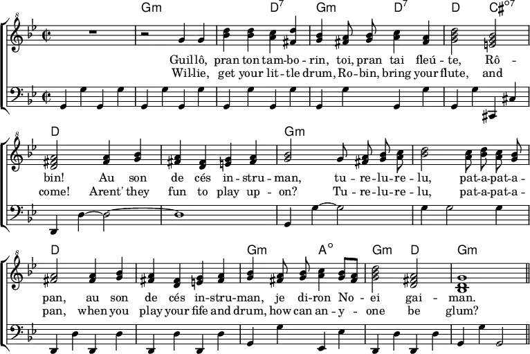 
\header { tagline = ##f }
\layout { indent = 0 \set Score.tempoHideNote = ##t
  \context { \Score \remove "Bar_number_engraver" }
}

global = { \key g \minor \time 2/2 }

chordNames = \chordmode { \global \set ChordNames.midiInstrument = #"acoustic guitar (nylon)" \set chordChanges = ##t
  s1 | g,1:min\pp | g,2:min d,:7 | g,:min d,:7 | d, cis,:dim7 | d,1 |
  d, | g,:min | g,:min | d, | d, | g,2:min a,:dim | g,:min d, | g,1:min \bar "||"
}

soprano = \relative c''' { \global \autoBeamOff \set Staff.midiPanPosition = -1 \set midiInstrument = "recorder"
  R1 | r2 g4 g | <d' bes> <d bes> <c a> <d fis,> | <bes g>
  <a fis>8 <bes g> <c a>4 <a fis> | <d bes g>2 <bes g e> | <a fis d>
  <a fis>4 <bes g> | <a fis> <fis d> <g e> <a fis> | <bes g>2
  g8 <a fis> <bes g> <c a> | <d bes>2 <c a>8 <d bes> <c a> <bes g> | <a fis>2
  <a fis>4 <bes g> | <a fis> <fis d> <g e> <a fis> | <bes g>
  <a fis>8 <bes g> <c a>4 <bes g>8 [<a fis>] | <d bes g>2 <a fis d> | <g d bes>1 \bar "||"
}

tenor = \relative c { \global \set Staff.midiPanPosition = 1 \set midiInstrument = "woodblock"
  \repeat unfold 9 { g4 g' } cis,, cis' | d, d'~ d2~ | d1 | g,4 g'4~ g2 | g4 g2 g4 |
  \repeat unfold 4 { d, d' } | g, g' es, es' | d, d' d, d' | g, g' g,2 \bar "||"
}
tenorMIDI = \relative c { \global \set Staff.midiPanPosition = 1 \set midiInstrument = "woodblock"
  \repeat unfold 9 { g4 g' } cis,, cis' | d,\pp \repeat unfold 28 { d'16 } | g,4 g'~ g2 | g4 g2 g4 |
  \repeat unfold 4 { d, d' } | g, g' es, es' | d, d' d, d' | g, g' g,2 \bar "||"
}

verseOne = \lyricmode {
  Guil -- lô, pran ton tam -- bo -- rin,
  toi, pran tai fleú -- te, Rô -- bin!
  Au son de cés in -- stru -- man,
  tu -- re -- lu -- re -- lu, pat -- a -- pat -- a -- pan,
  au son de cés in -- stru -- man,
  je di -- ron No -- ei gai -- man.
}

verseTwo = \new Lyrics \lyricmode {
  Wil -- lie, get your lit -- tle drum,
  Ro -- bin, bring your flute, and come!
  Arent' they fun to play up -- on?
  Tu -- re -- lu -- re -- lu, pat -- a -- pat -- a -- pan,
  when you play your fife and drum,
  how can an -- y -- one be glum?
}

\score {
  \new ChoirStaff <<
    \new ChordNames { \chordNames }
    \new Staff
    <<
      \clef "treble^8" \new Voice = "soprano" { \soprano }
     >>
    \new Lyrics \lyricsto "soprano" \verseOne
    \new Lyrics \lyricsto "soprano" \verseTwo
    \new Staff
    << \clef bass \new Voice { \tenor } >>
  >>
  \layout { }
}
\score { { << \chordNames \\ \soprano \\ \tenorMIDI >> }
  \midi {
    \tempo 4. = 102
    \context { \Score midiChannelMapping = #'instrument }
    \context { \Staff \remove "Staff_performer" }
    \context { \Voice \consists "Staff_performer" }
  }
}
