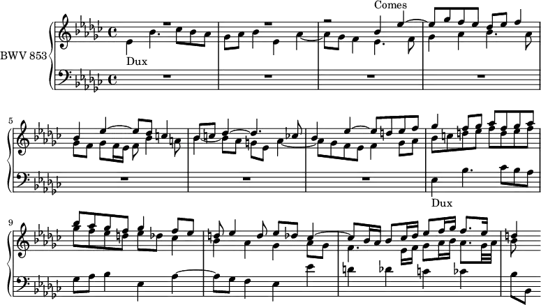 
\version "2.18.2"
\header {
  tagline = ##f
}
DuxNotes      = { ees,4 bes'4. ces8 bes aes | ges aes bes4 ees, aes~ aes8 ges f4 }
Dux           = { s4*0-\markup{Dux} \DuxNotes }
Comes         = { s4*0-\markup{Comes} bes4 ees~ ees8 ges f ees des ees f4 bes, ees~ ees8 des c4 bes8 }
upper = \relative c''
{
  \clef treble 
  \key ees \minor
  \time 4/4
  \tempo 4 = 66
  \set Staff.midiInstrument = #"harpsichord" 
   << { R1*2 r2 \relative c'' { \Comes } c8 des4~ des4. ces8 bes4 ees~ ees8 d ees f ges4 f8 ges aes f ges aes | bes aes ges f ges4 f8 ees d ees4 d8 ees des ces4~ ces8 bes16 aes bes8 ces16 des ees8 f16 ges f8. ees16 d4 } \\ { \Dux ees4. f8 ges4 aes bes4. aes8 ges f ges f16 ees f8 bes4 a8 bes4~ bes8 aes g ees aes4~ aes8 ges f ees f4 ges8 aes bes c d ees f d ees f ges f ees d ees des ces4 | bes aes ges aes8 ges f4. ees16 f ges8 aes16 bes aes8. ges32 aes bes8 } >>
}
lower = \relative c'
{
  \clef bass 
  \key ees \minor
  \time 4/4
  \set Staff.midiInstrument = #"harpsichord" 
  R1*7 \Dux ees4 ees' d des c ces bes8[ bes,]
}
\score {
  \new PianoStaff <<
    \set PianoStaff.instrumentName = #"BWV 853"
    \new Staff = "upper" \upper
    \new Staff = "lower" \lower
  >>
  \layout {
    \context {
      \Score
      \remove "Metronome_mark_engraver"
    }
  }
  \midi { }
}
