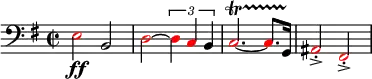 \relative c{
\set Staff.midiInstrument = #"tuba"
\set Score.tempoHideNote = ##t
\tempo 4 = 130
\clef bass
\key g \major
\time 2/2
\once \override NoteHead.color = #red e2 \ff b \override NoteHead.color = #red d~ \times 2/3 { d4 c \override NoteHead.color = #black b } \override NoteHead.color = #red c2.~\startTrillSpan c8. \override NoteHead.color = #black g16\stopTrillSpan \override NoteHead.color = #red ais2\accent\staccato fis\accent\staccato
}