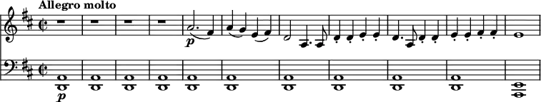 <<
\new Staff
\relative a'' {
\key d \major
\time 2/2
\tempo "Allegro molto"
\tempo 4 = 230
r1
r1
r1
r1
a,2.\p (fis4)
a (g) e (fis)
d2 a4. a8
d4\staccato d\staccato e\staccato e\staccato
d4. a8 d4\staccato d\staccato
e\staccato e\staccato fis\staccato fis\staccato
e1
}
\new Staff
\relative a
{
\key d \major
\clef bass
<d,, a'>1\p
<d a'>1
<d a'>1
<d a'>1
<d a'>1
<d a'>1
<d a'>1
<d a'>1
<d a'>1
<d a'>1
<a e'>1
}
>>