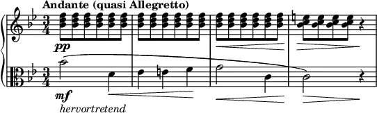 
\relative c'' {
  \new PianoStaff <<
    \new Staff {
      \set Staff.midiInstrument = #"piano" \key bes \major \clef treble \time 3/4 \set Score.tempoHideNote = ##t \tempo "Andante (quasi Allegretto)" 4 = 56
      <bes d f>8 \pp <bes d f>8 <bes d f>8 <bes d f>8 <bes d f>8 <bes d f>8 |
      <bes d f>8 <bes d f>8 <bes d f>8 <bes d f>8 <bes d f>8 <bes d f>8 |
      <bes d f>8 \< <bes d f>8 <bes d f>8 <bes d f>8 <bes d f>8 <bes d f>8 |
      <bes c e>8 \! \> <bes c e>8 <bes c e>8 <bes c e>8 r4 \! |
    }
    \new Staff {
      \set Staff.midiInstrument = #"piano" \key bes \major \clef alto \time 3/4
      bes2 \mf _\markup{ \italic { hervortretend } } ( d,4 \< |
      es4 e4 f4 \! |
      g2 \< c,4 |
      c2 \! \> ) r4 \! |
    }
  >>
}
