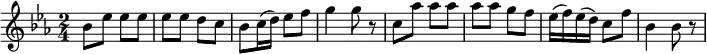 
\relative a' { 
\key ees \major
\time 2/4 
\tempo ""
\tempo 4 = 110
bes8 ees ees ees
ees ees d c 
bes c16 (d) ees8 f
g4 g8 r8
c,8 aes' aes aes
aes aes g f
ees16 (f) ees (d) c8 f
bes,4 bes8 r
}

