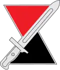 An hourglass, red on top and black on bottom, with diagonal bayonet imposed over it