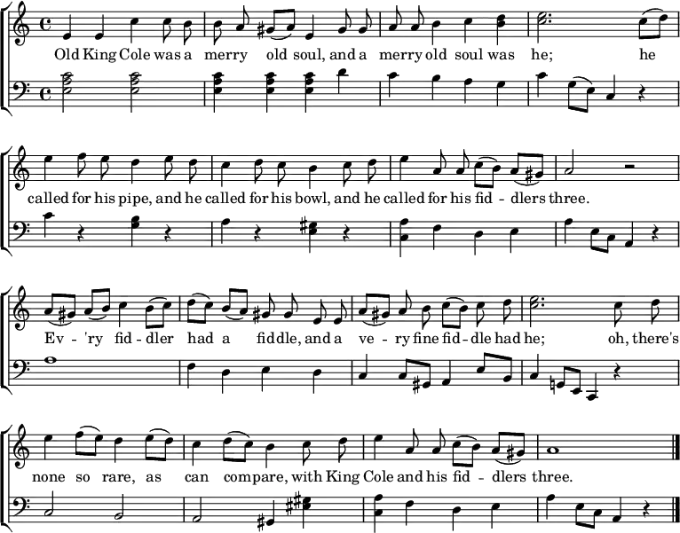 
\header { tagline = ##f }
\layout { indent = 0
  \context { \Score \remove "Bar_number_engraver" }
  \context { \Voice \remove "Dynamic_engraver" }
}

global = { \key a \minor \time 4/4 }

melody = \relative c' { \global \autoBeamOff \set midiInstrument = "clarinet"
  e4 e c' c8 b | b a gis ([a]) e4 gis8 gis | a a b4 c <d b> | <e c>2.
  c8 ([d]) | e4 f8 e d4 e8 d | c4 d8 c b4 c8 d | e4 a,8 a c ([b]) a ([gis)] a2 r2 |
  a8 ([gis]) a ([b]) c4 b8 ([c]) | d ([c]) b ([a]) gis gis e e | a ([gis]) a b c ([b]) c d | <e c>2.
  c8 d | e4 f8 ([e]) d4 e8 ([d]) | c4 d8 ([c]) b4 c8 d | e4 a,8 a c ([b]) a ([gis]) a1 \bar "|."
}

verse = \new Lyrics \lyricmode {
  Old King Cole was a mer -- ry old soul,
  and a mer -- ry old soul was he;
  he called for his pipe, and he called for his bowl,
  and he called for his fid -- dlers three.
  Ev -- 'ry fid -- dler had a fid -- dle,
  and a ve -- ry fine fid -- dle had he;
  oh, there's none so rare, as can com -- pare,
  with King Cole and his fid -- dlers three.
}

guitar = \relative c' { \global \clef bass \set midiInstrument = "acoustic guitar (nylon)"
  <c a e>2\pp <c a e>2 | <c a e>4 <c a e>4 <c a e>4 d | c b a g | c g8 (e) c4
  r4 | c' r <b g> r | a r <gis e> r | <a c,> f d e | a e8 c a4 r |
  a'1 | f4 d e d | c c8 gis a4 e'8 b | c4 g!8 e c4
  r | c'2 b | a gis4 <gis' eis> | <a c,> f d e | a e8 c a4 r4 \bar "|."
}

\score { \new ChoirStaff
  <<
    \new Staff \melody \addlyrics \verse
    \new Staff \guitar
  >>
  \layout { }
}
\score { \unfoldRepeats { << \melody \\ \guitar >> }
  \midi { \tempo 4=120
    \context { \Score midiChannelMapping = #'instrument }
    \context { \Staff \remove "Staff_performer" }
    \context { \Voice \consists "Staff_performer" }
  }
}
