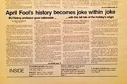 Cropped front page of the Boston University Daily Free Press newspaper, April 14, 1983, showing articles about an April Fools hoax.