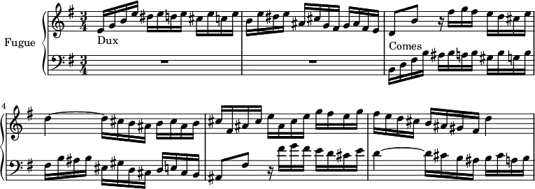 \version "2.18.2"
\header {
tagline = ##f
}
Dux = { e16_\markup{Dux} g b e dis e d e cis e c e | b e dis e ais, cis g fis g ais fis e }
ContreSujet = { d8 b' r16 fis'16 g fis e d cis e d4~ d16 cis b ais b cis ais b }
Comes = { b16^\markup{Comes} d fis b ais b a b gis b g b fis b ais b eis, gis d cis d e cis b }
upper = \relative c' {
\clef treble
\key e \minor
\time 3/4
\tempo 4 = 126
\set Staff.midiInstrument = #"harpsichord"
%% FUGUE CBT I-10, BWV 855, mi mineur
\Dux \ContreSujet cis16 fis, ais cis e ais, cis e g fis e g fis e d cis b ais gis fis d'4~
}
lower = \relative c {
\clef bass
\key e \minor
\time 3/4
\set Staff.midiInstrument = #"harpsichord"
R2.*2 \Comes ais8 fis' r16 fis'16 g fis e d cis e d4~ d16 cis b ais b cis a b
}
\score {
\new PianoStaff <<
\set PianoStaff.instrumentName = #"Fugue"
\new Staff = "upper" \upper
\new Staff = "lower" \lower
>>
\layout {
\context {
\Score
\remove "Metronome_mark_engraver"
}
}
\midi { }
}