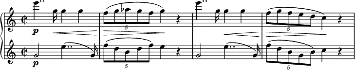 { \new PianoStaff <<
\new Staff \relative e''' { \set Staff.midiInstrument = #"piano" \key c \major \clef treble \time 2/2 \set Score.tempoHideNote = ##t \tempo 2 = 43
e4.. \p g,16 \< g4 g4 | % 2
\once \override TupletBracket #'stencil = ##f
\times 4/5 {
f8 \! \> ( g8 as8 g8 f8
}
g4 \! ) r4 | % 3
e'4.. g,16 g4 \< g4 | % 4
\once \override TupletBracket #'stencil = ##f
\times 4/5 {
f8 \! \> ( g8 f8 e8 d8
}
c4 \! ) r4
}
\new Staff \relative g' { \set Staff.midiInstrument = #"piano" \key c \major \clef treble \time 2/2
g2 \p e'4.. ( g,16 ) | % 2
\once \override TupletBracket #'stencil = ##f
\times 4/5 {
f'8 ( d8 b8 d8 f8 )
}
e4 r4 | % 3
g,2 e'4.. ( g,16 ) | % 4
\once \override TupletBracket #'stencil = ##f
\times 4/5 {
f'8 ( d8 b8 g8 b8 )
}
c4 r4 }
>> }